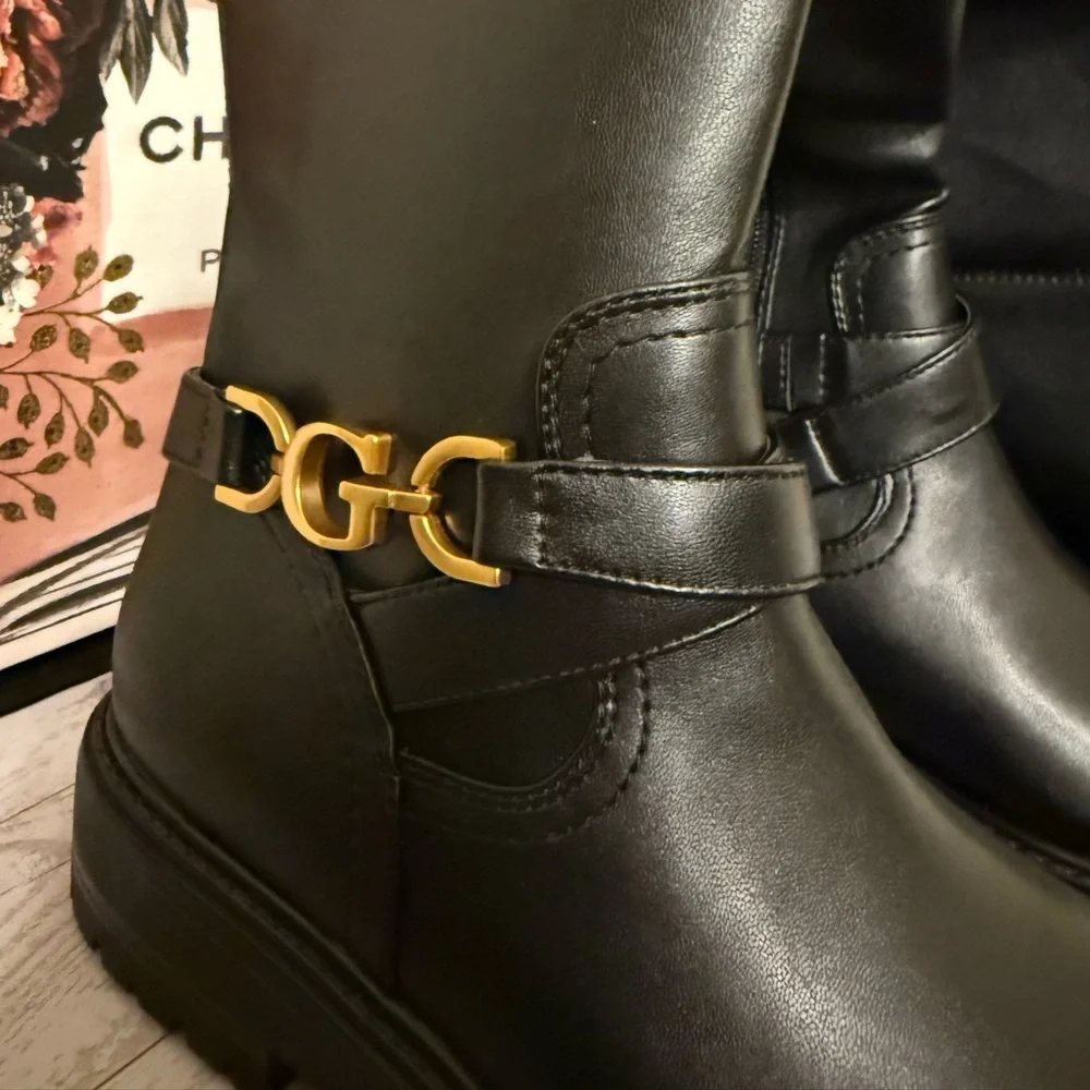 Guess Jellio Black Over-the-Knee Boots with Gold Accent